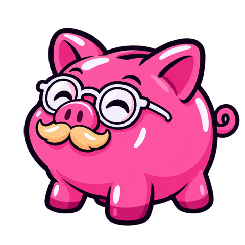 A pink piggy bank with glasses and a mustache