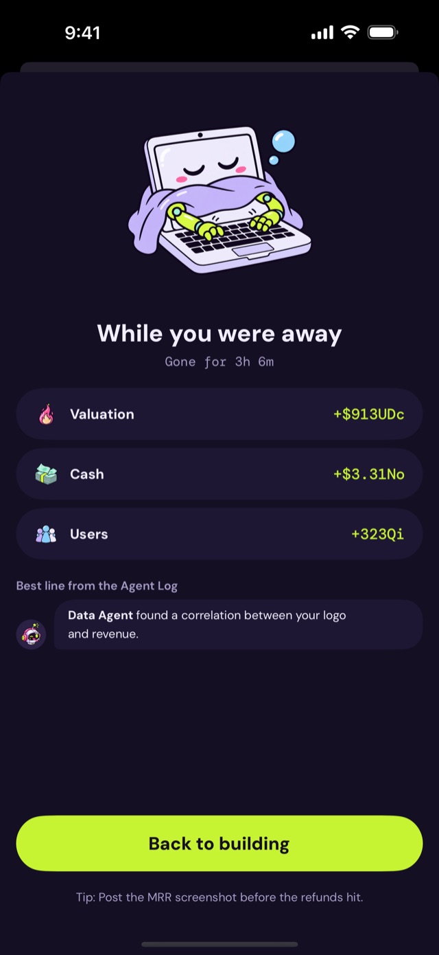 While you were away screen: valuation, cash and users gained over 3 hours 6 minutes